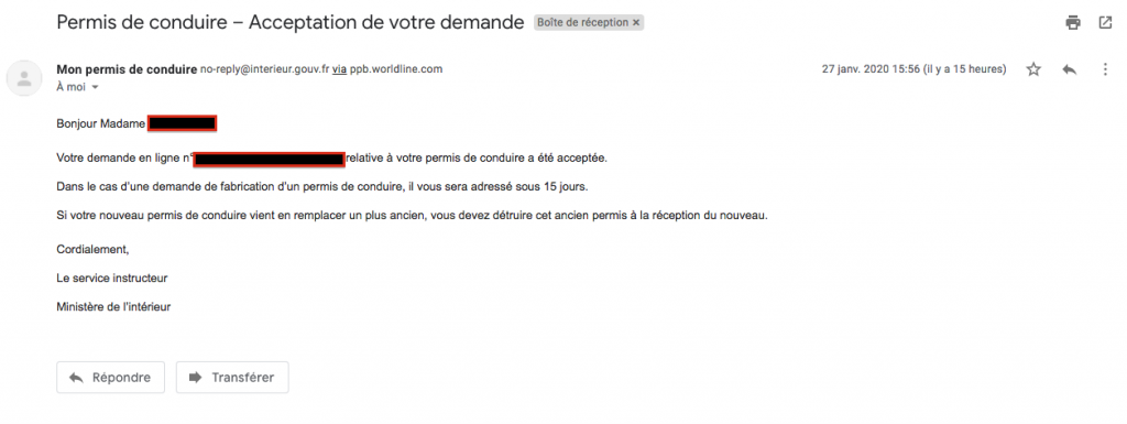 Capture d'écran du mail de confirmation du permis de conduire international